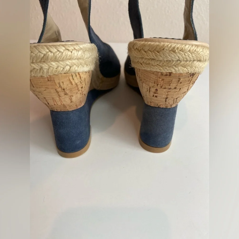 Audrey Brooke~Blue Faux Suede~Espadrille Cork Wedge~Peep Toe~Sandal~Size 8.5B